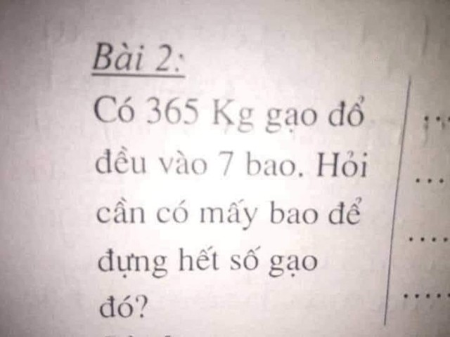 Bài toán lớp 1 khiến giáo viên tranh cãi cũng không giải nổi: Có 365kg gạo đổ đều vào 7 bao. Hỏi cần mấy bao? - Ảnh 1.